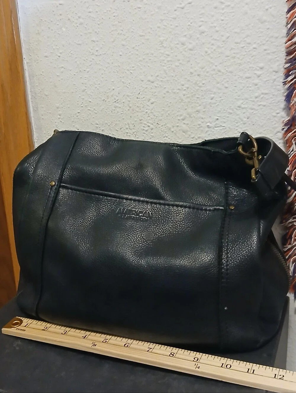 American Leather Co Black Leather Shoulder Bag Hobo Purse Slouchy Brass Accents